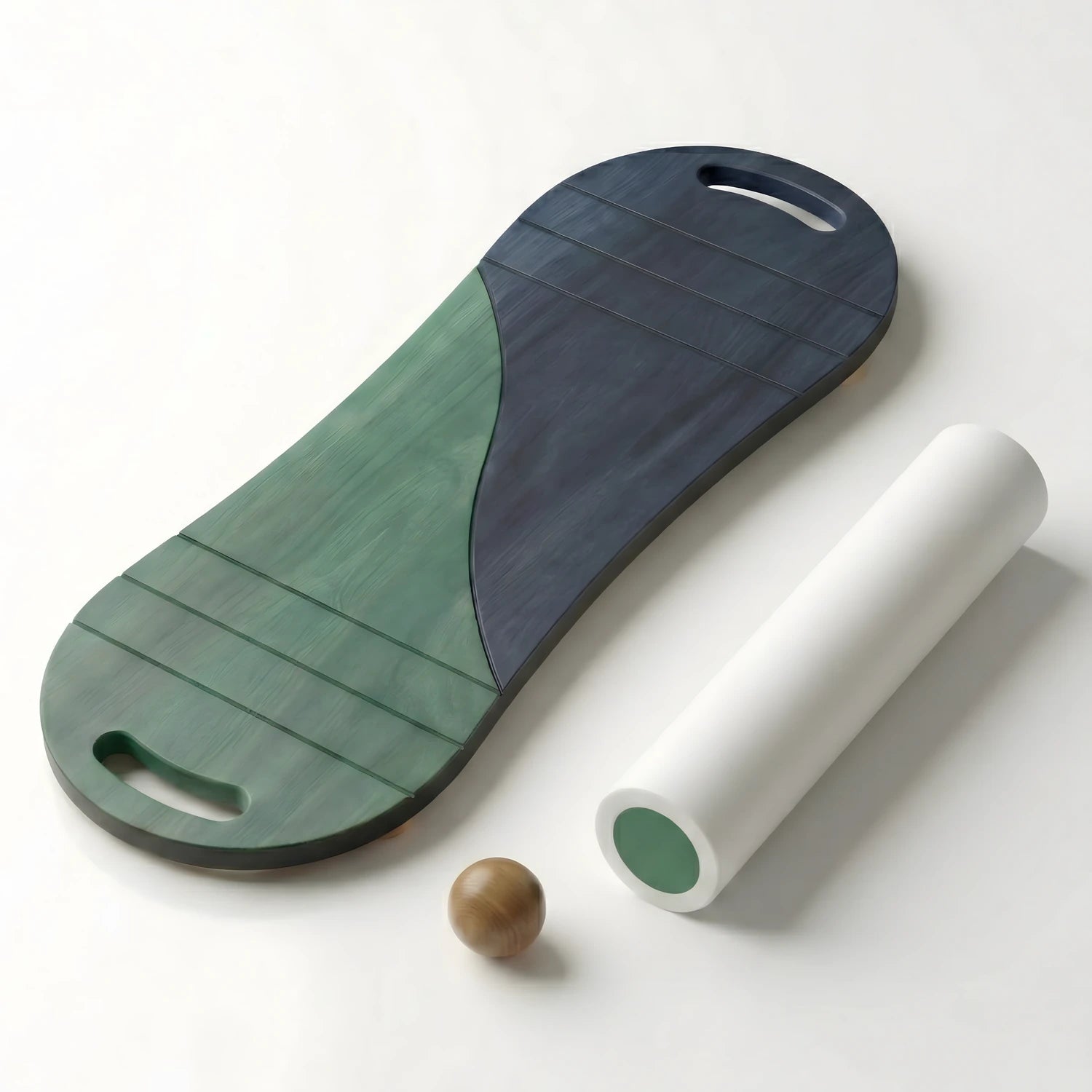 Yeşil ve lacivert renkli, rulo silindir ve masaj topu içeren tam set ahşap denge tahtası (balance board).