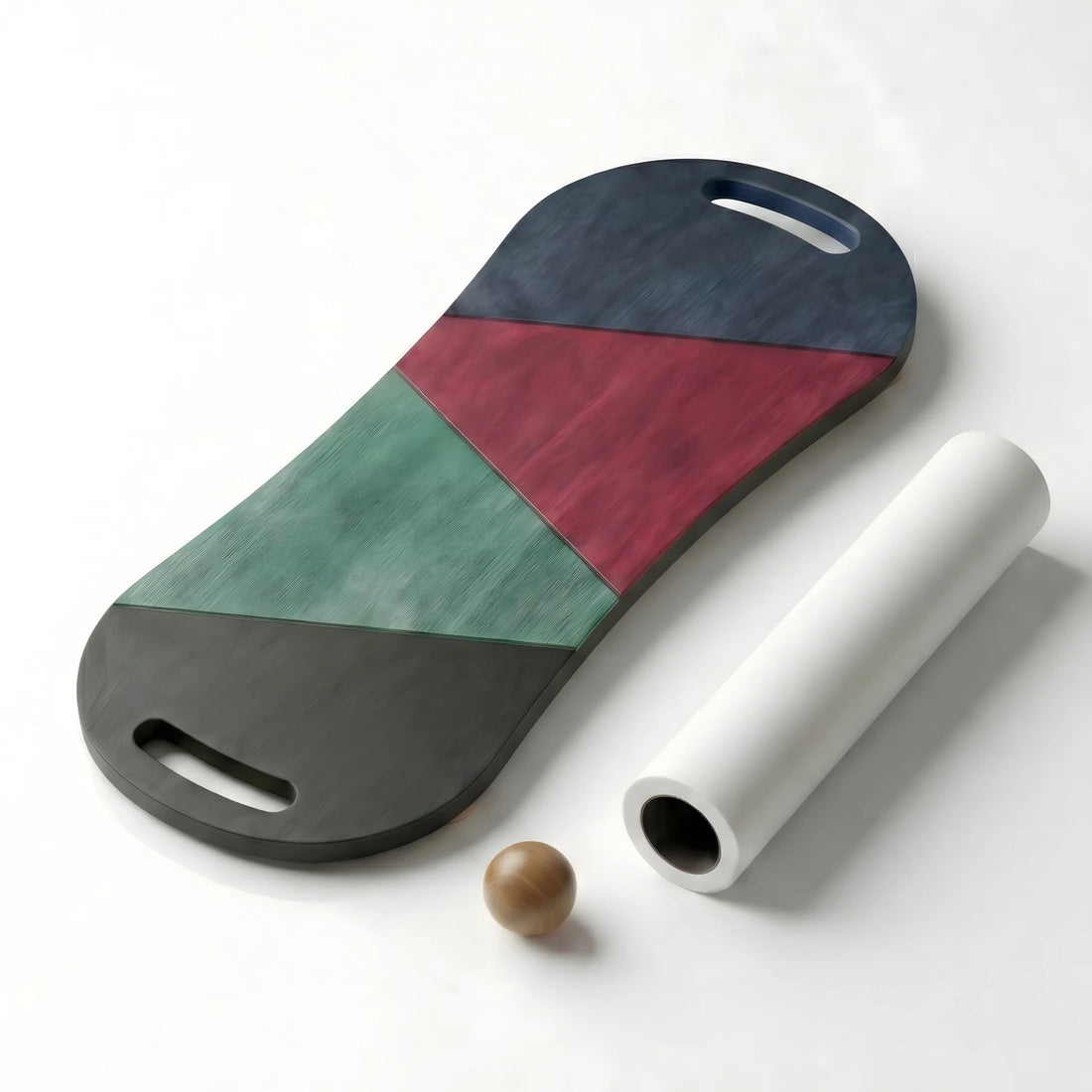 Renkli geometrik desenli ahşap denge tahtası, beyaz silindir ve denge topu seti.