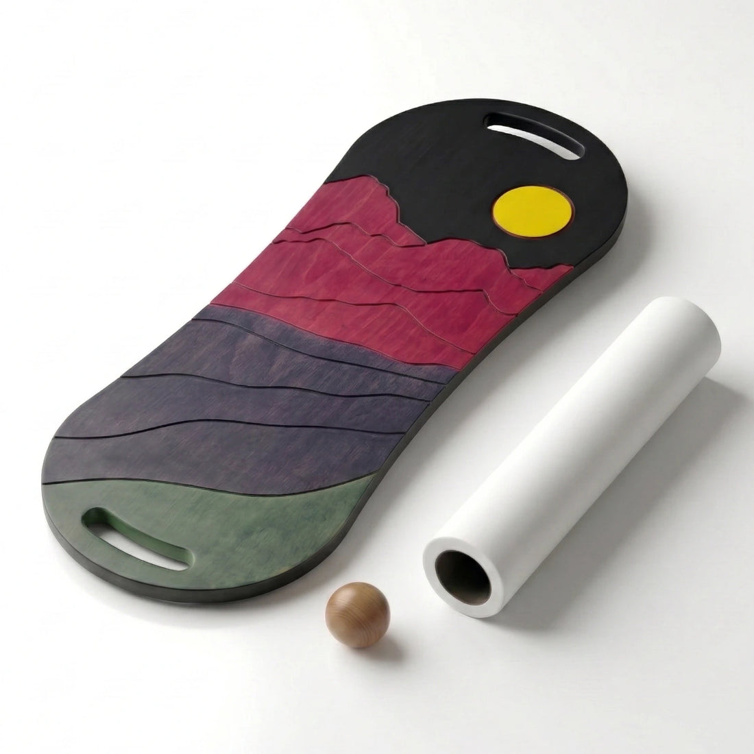 Manzara desenli ahşap denge tahtası, beyaz silindir rulo ve ahşap denge topu içeren tam set görünümü.