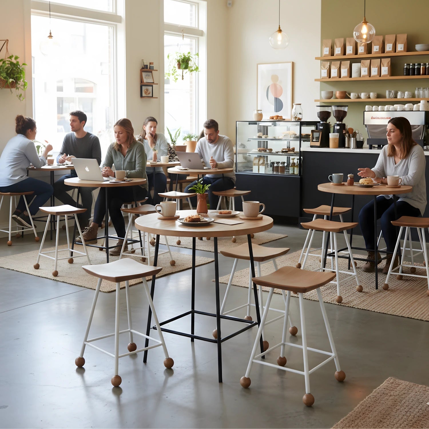 55 cm ahşap tabure kafe ve bistro ortamında orta yükseklik kullanım