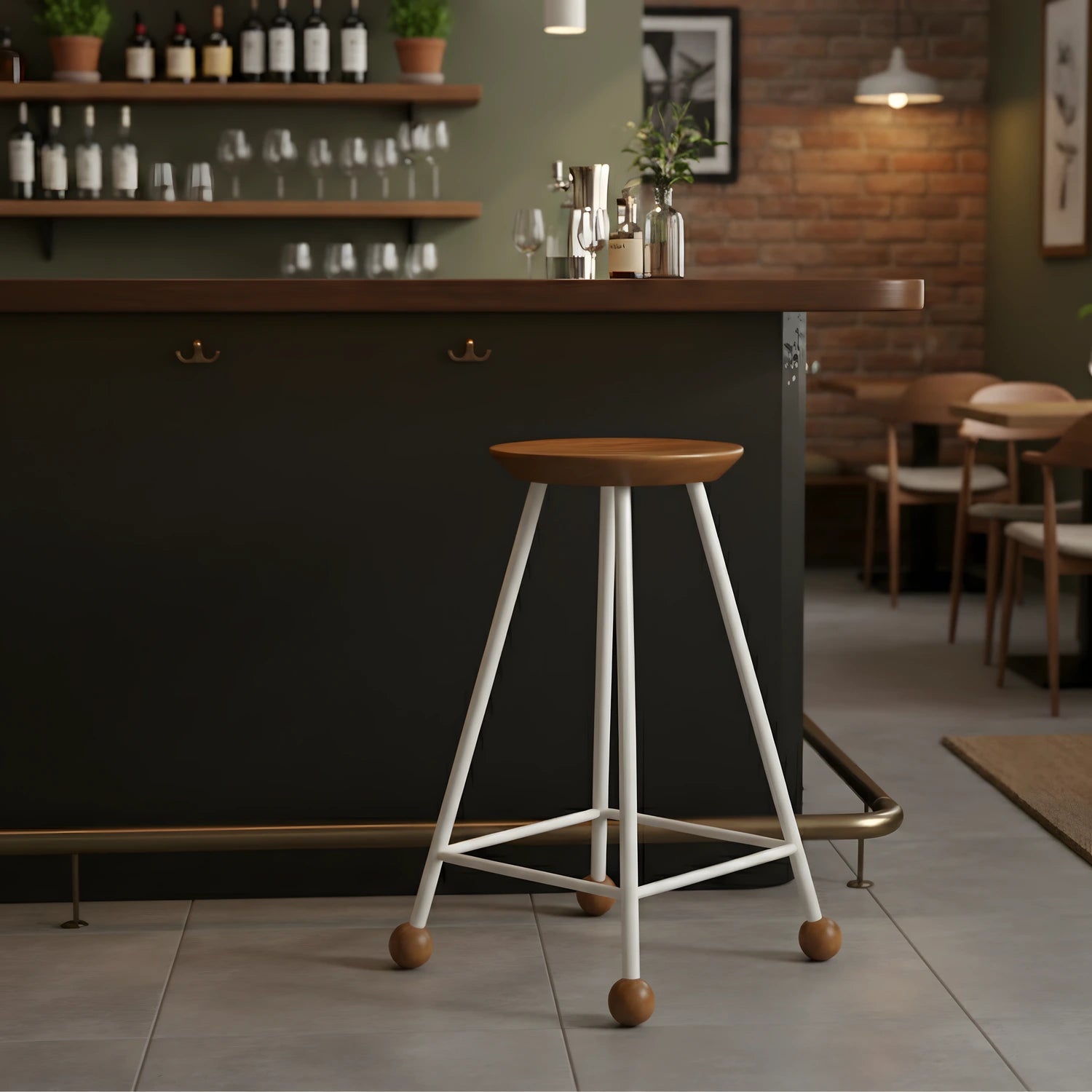 65cm beyaz metal bar taburesi koyu ahşap tezgahlı bar köşesi iç mekan görünümü