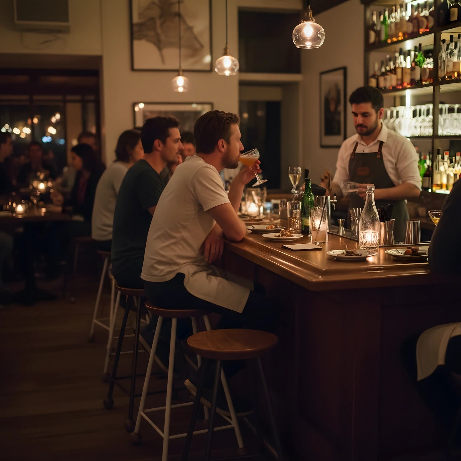 Köknar ahşap 65cm bar taburesi restoran ve bar gece atmosferinde kullanım görüntüsü