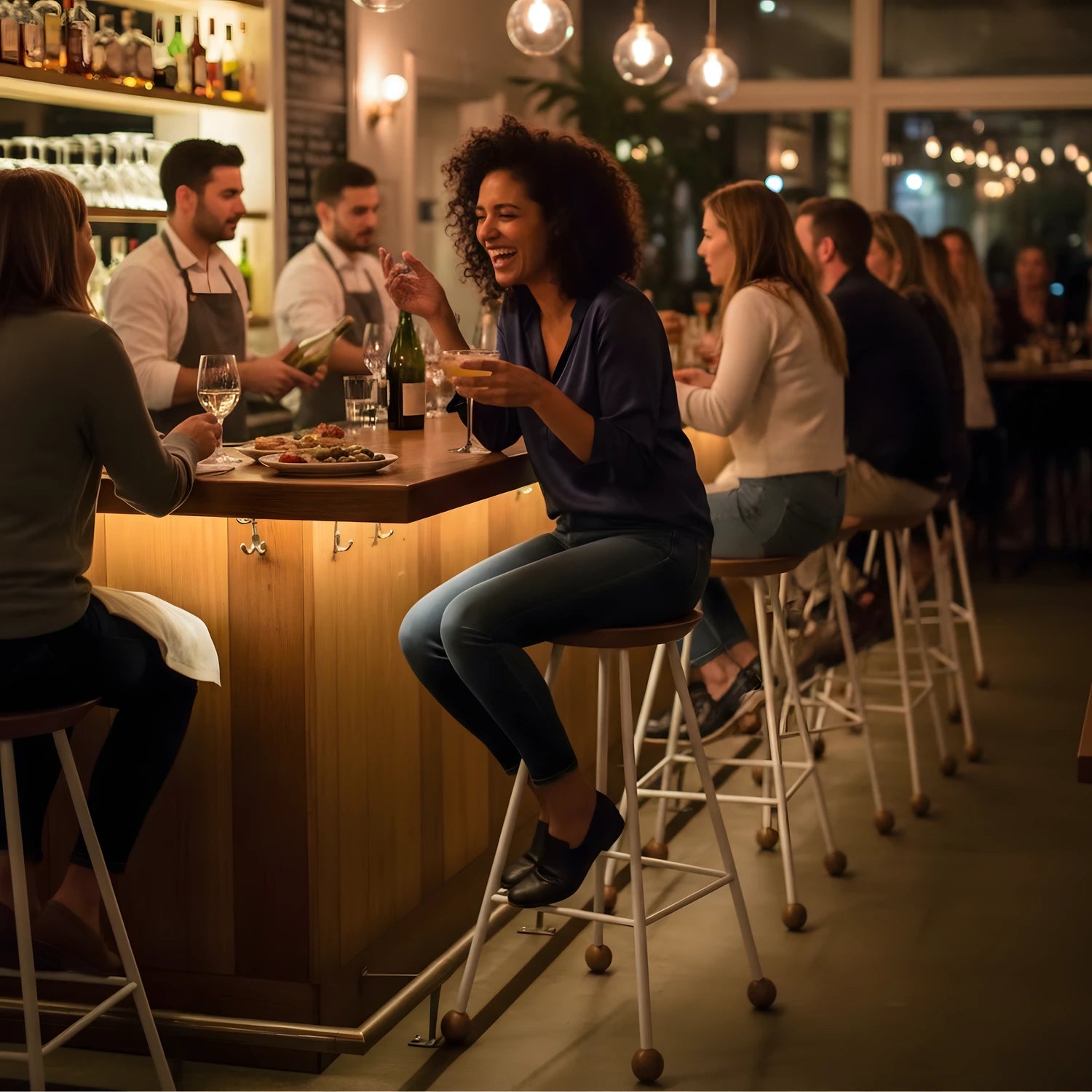 Ahşap metal ayaklı bar taburesi cafe ve bar ortamında kullanım gece atmosferi