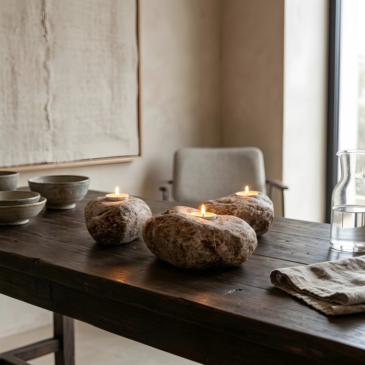 Modern oturma odası dekorasyonunda, koyu renk ahşap masa üzerinde Wood Stone Art dekoratif doğal taş şamdan modelleri.