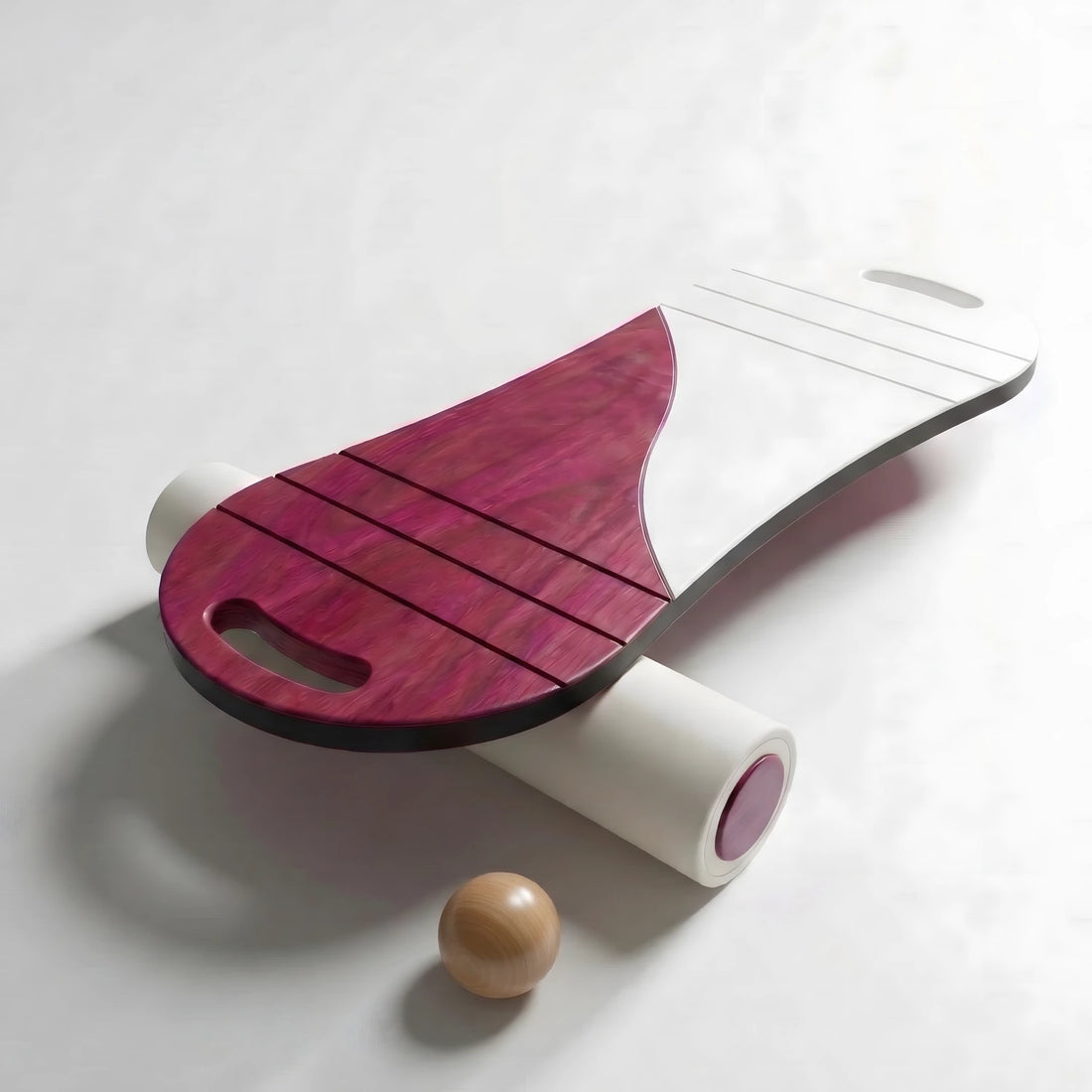 Mürdüm ve beyaz renkli, silindirli ahşap denge tahtası tam set.