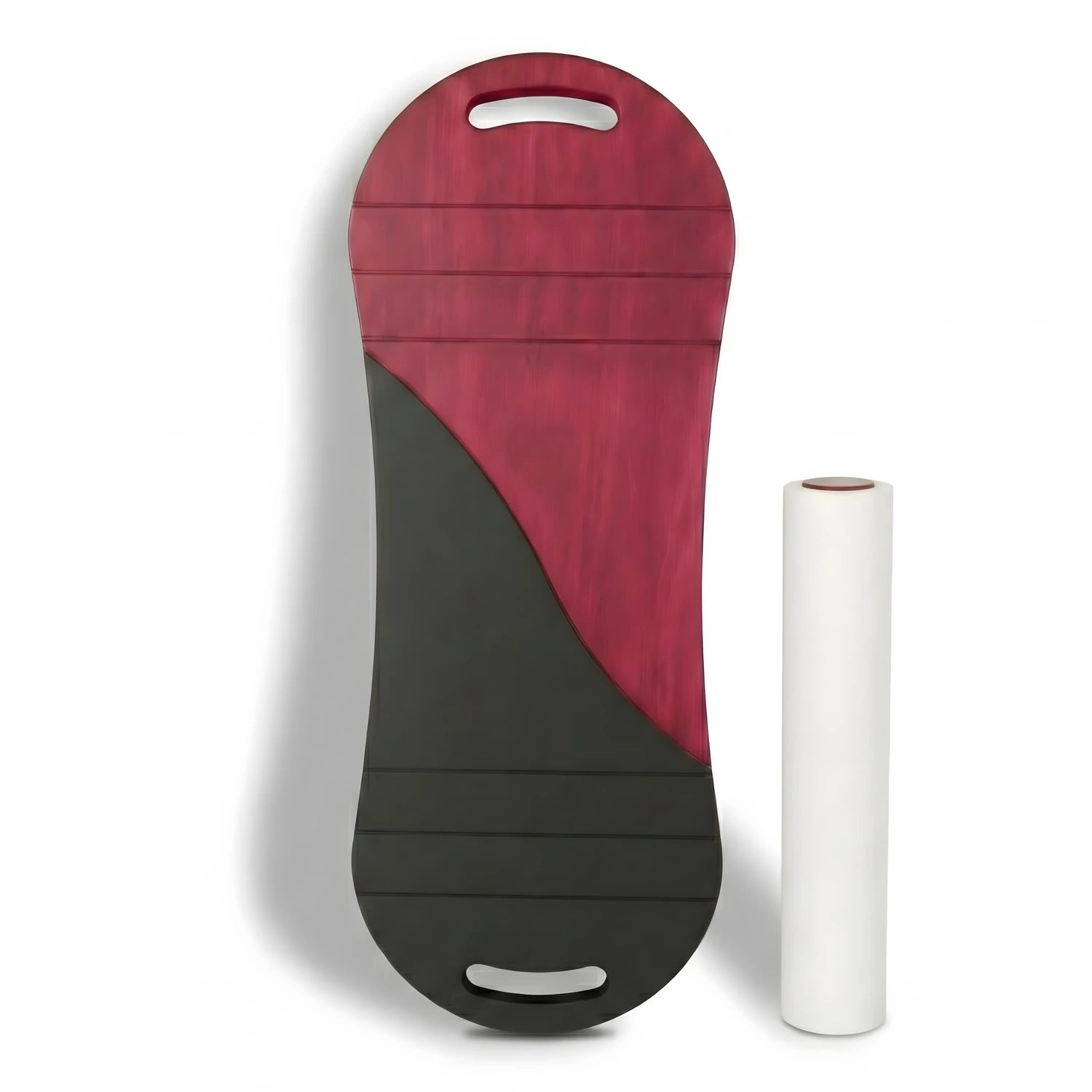 Dikey olarak sergilenen ergonomik tutma yerli siyah bordo denge tahtası ve silindiri.