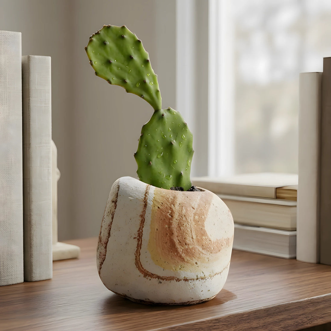 Ahşap zemin üzerinde beyaz kitapların yanında sergilenen, içinde yeşil kaktüs bulunan doğal taş gökkuşağı kumtaşı saksı.