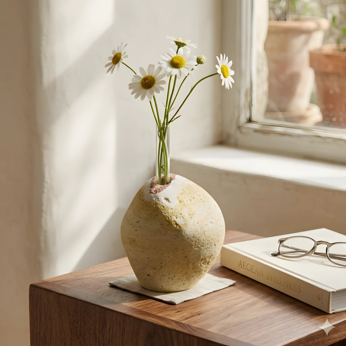 Güneş ışığı alan pencere önünde, ahşap masa üzerinde duran, içinde taze papatyalar bulunan doğal taş rainbow vazo. Yanında kitap ve gözlük dekoru.