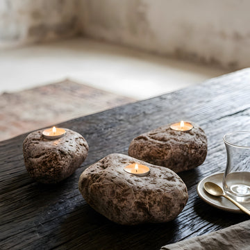 Koyu renk rustik ahşap masa üzerinde yanan 3 adet el yapımı Rosa Aegean doğal taş tealight mumluk.