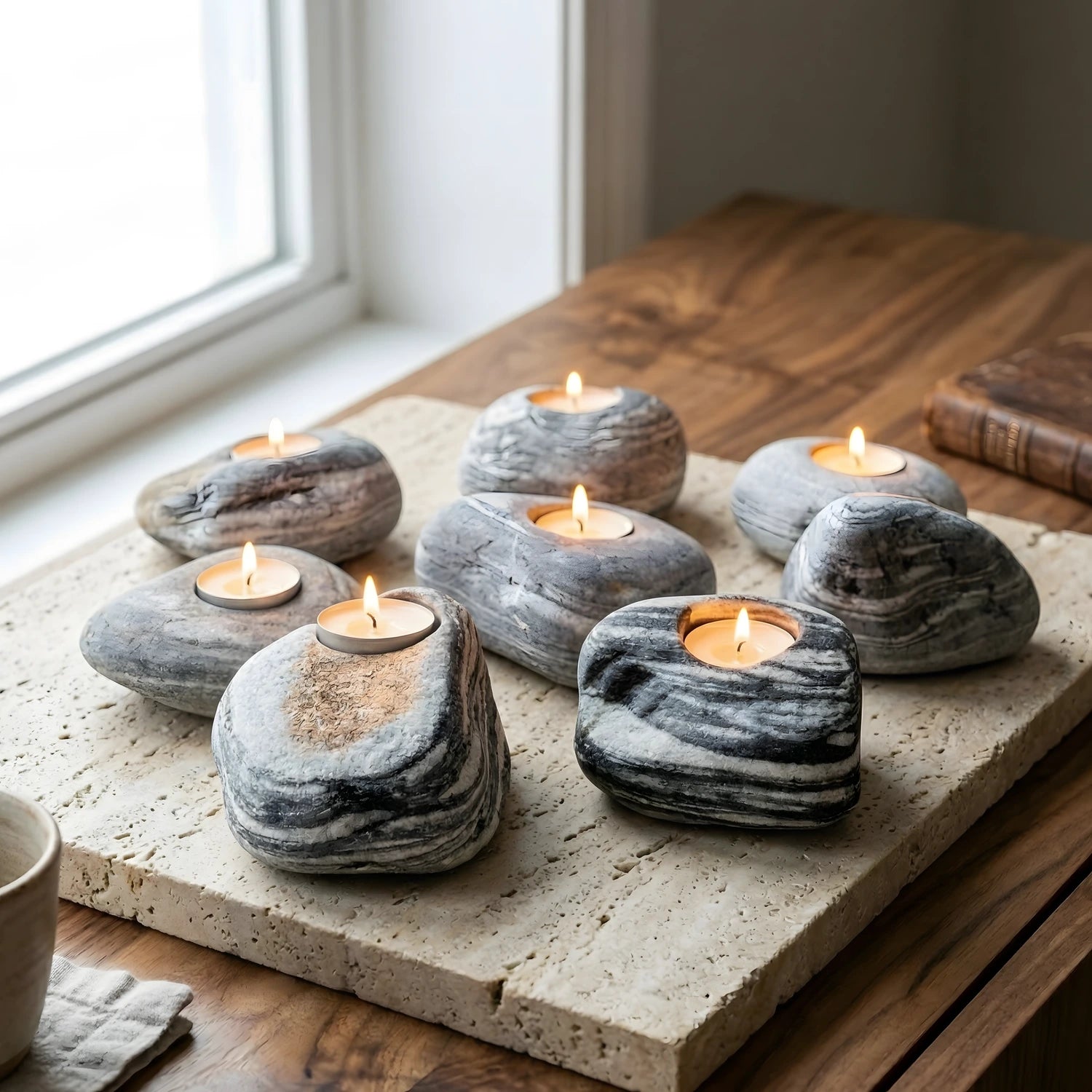 Rustik bir ahşap masa üzerinde grup halinde sergilenen birden fazla siyah beyaz çizgili doğal taş tealight mumluk.