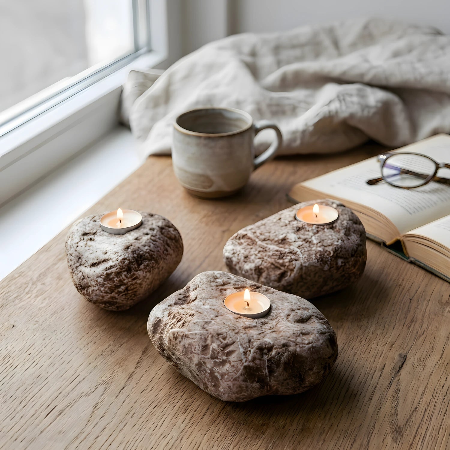 Pencere önünde kahve kupası ve battaniye ile huzurlu bir ortam yaratan doğal taş tealight mumluklar.