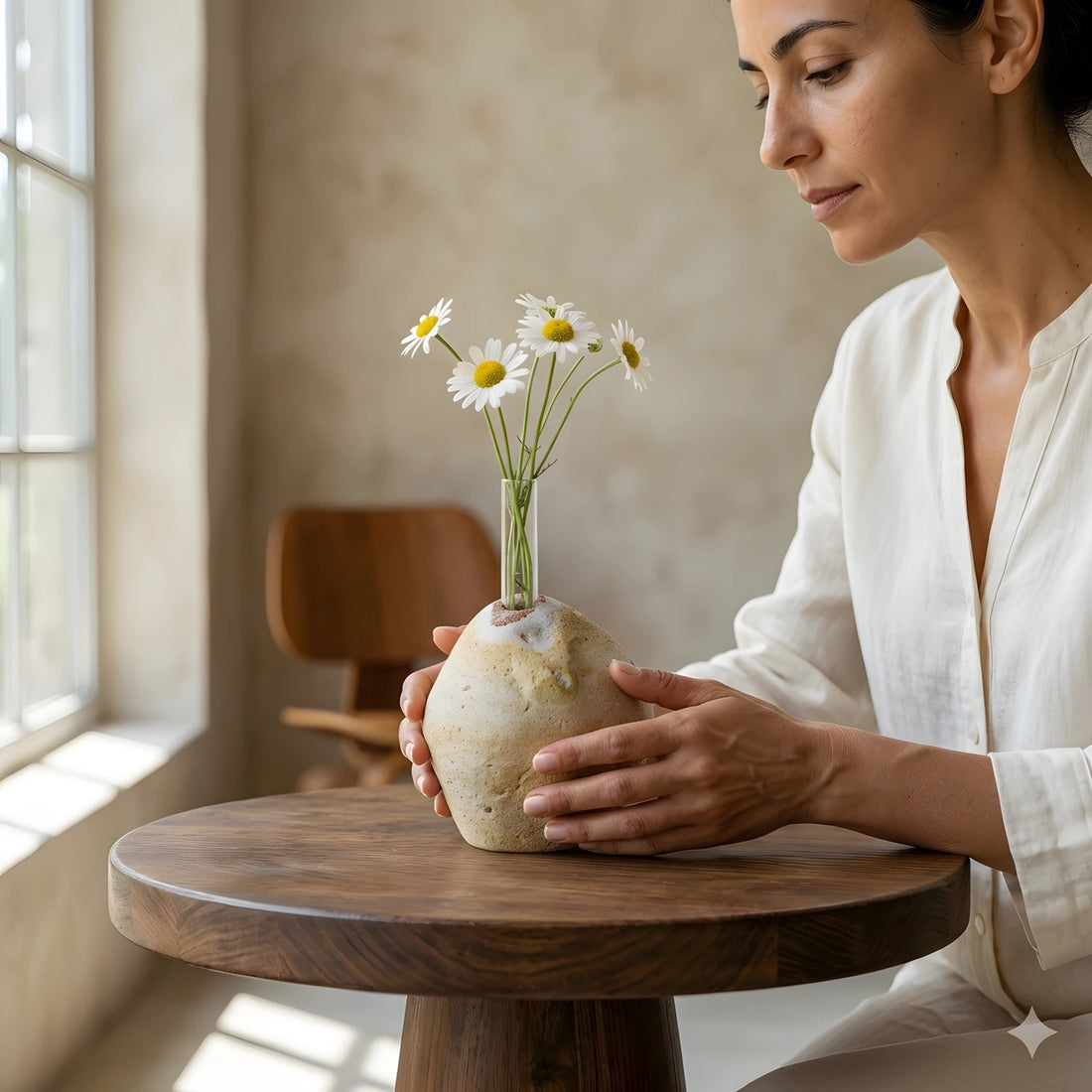Güneş ışığı alan pencere önünde, ahşap masa üzerinde duran, içinde taze papatyalar bulunan doğal taş rainbow vazo. Yanında kitap ve gözlük dekoru.