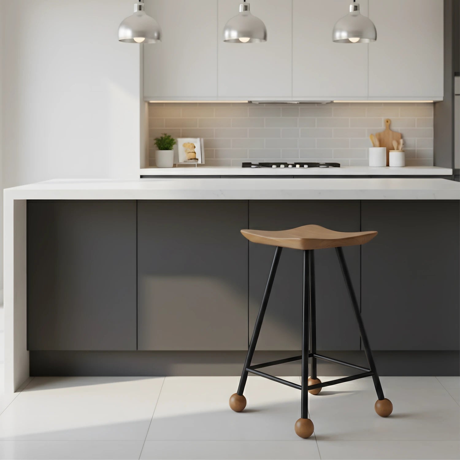 Konforlu kavisli oturma yüzeyine sahip masif ahşap taburenin yandan görünümü.