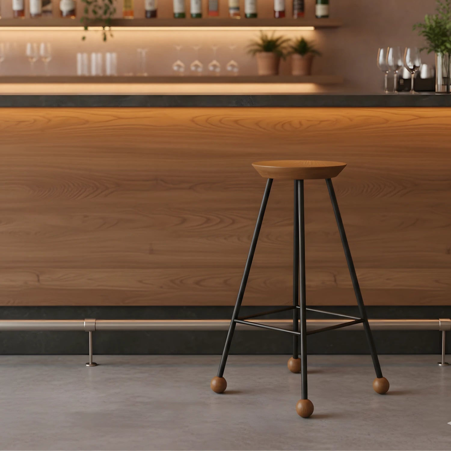 Industrial bar taburesi siyah metal gövde ve ahşap ayak topuzu detay yakın çekim

