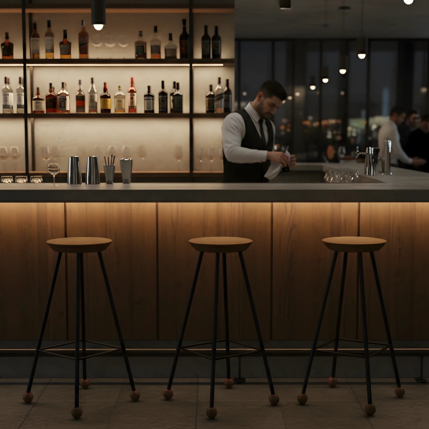 Industrial bar taburesi restoran ve koyu dekor mekanda 3'lü set dizilimi