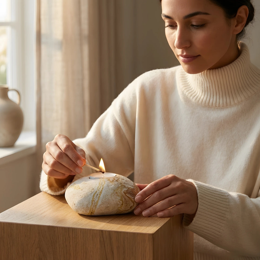Pencere kenarındaki ahşap masada yanan, yanında kibritler bulunan gökkuşağı kumtaşı doğal taş tealight mumluk.