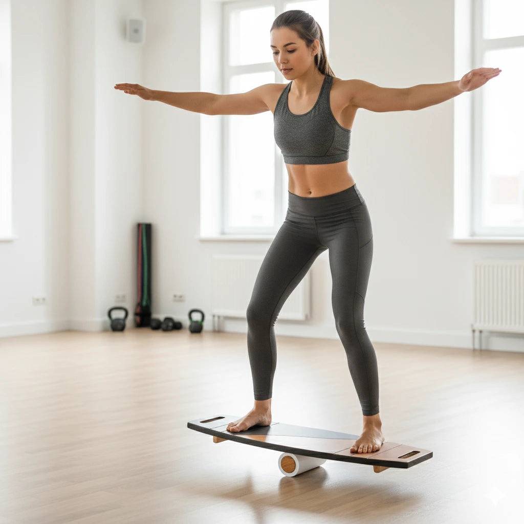 Spor salonunda rulo üzerinde ahşap denge tahtası ile core ve denge egzersizi yapan kadın sporcu.