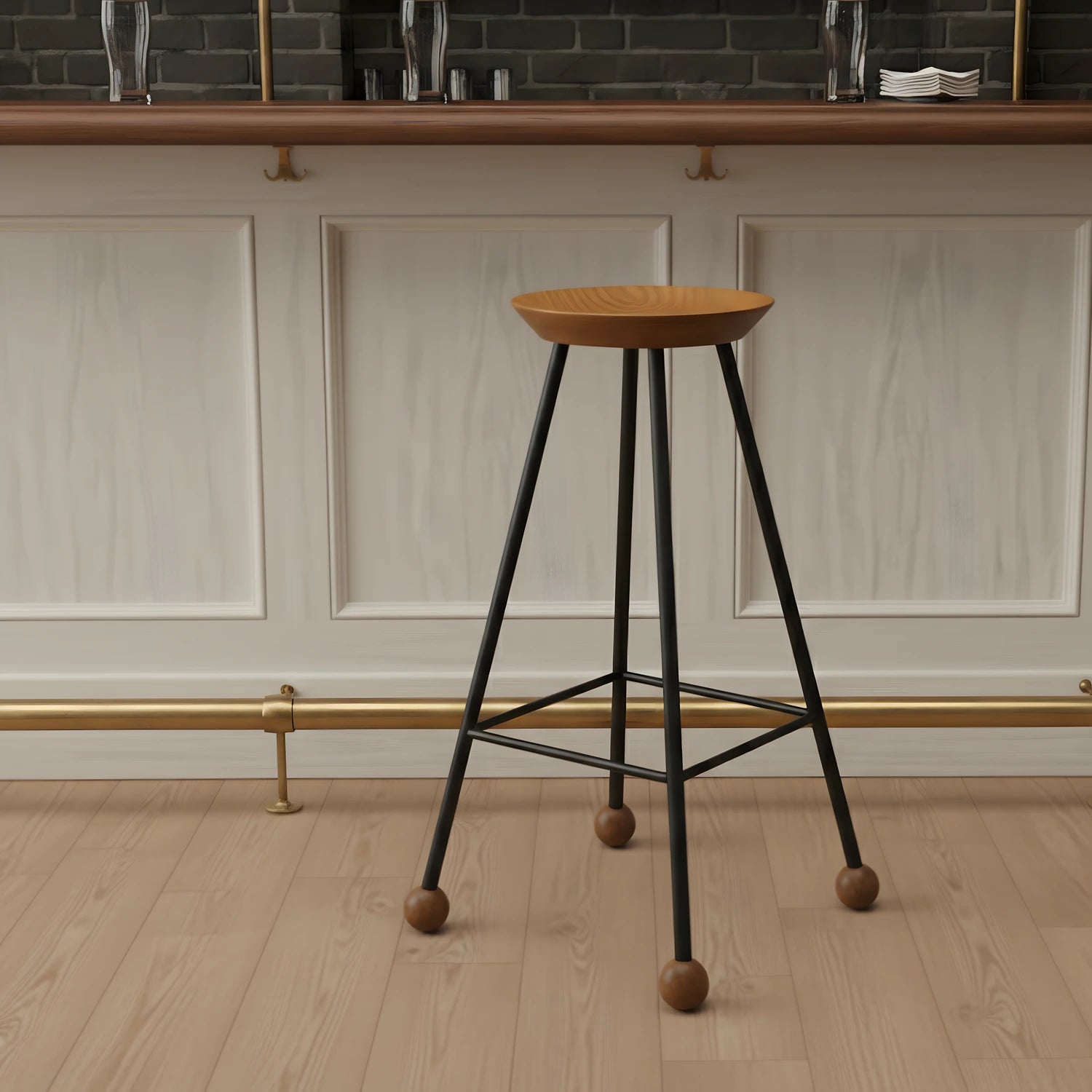 Loft bar taburesi modern restoran iç mekanında siyah metal ayak kullanımı