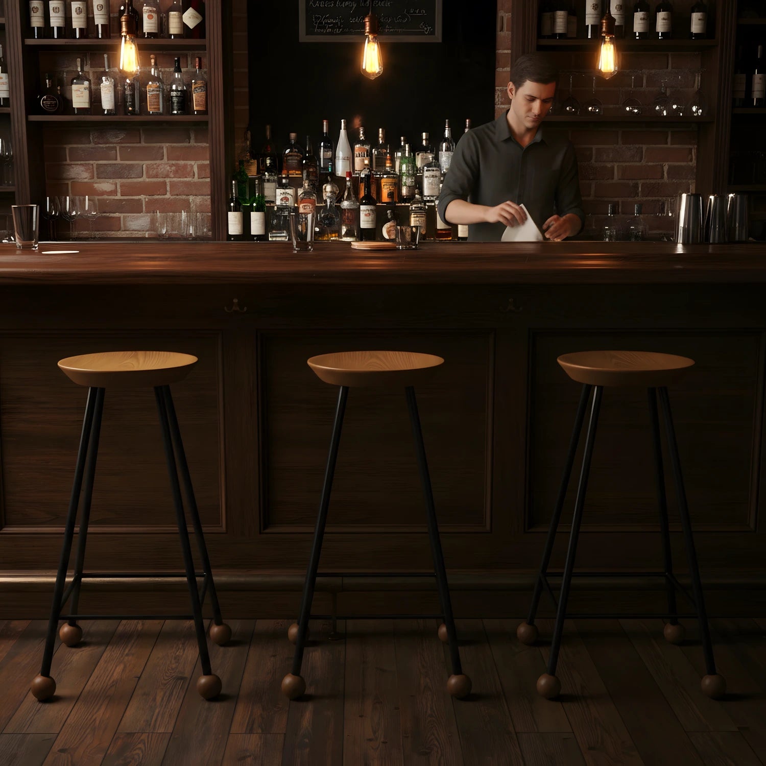 Minimalist siyah ahşap tabure modern restoran ve koyu dekor mekanda kullanım