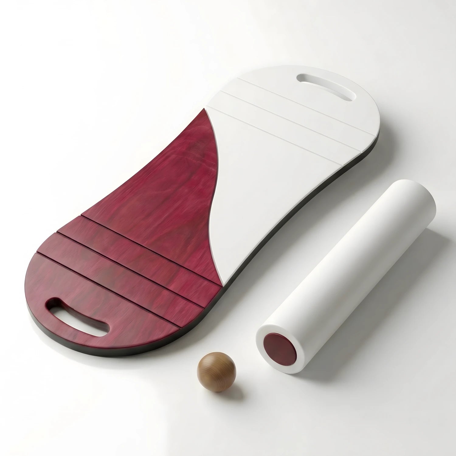 Mürdüm ve beyaz renkli, silindirli ahşap denge tahtası tam set.