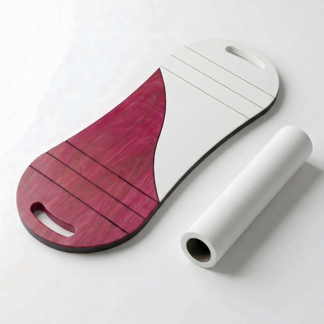 Mor ve beyaz dalga desenli profesyonel ahşap denge tahtası ve silindir roller seti.