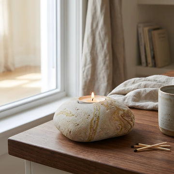 Pencere kenarındaki ahşap masada yanan, yanında kibritler bulunan gökkuşağı kumtaşı doğal taş tealight mumluk.
