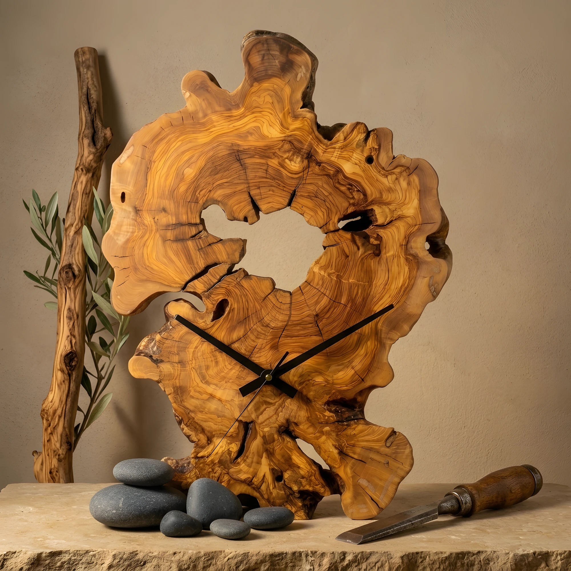Zeytin Ağacı Doğal Kesit Duvar Saati – 44x64 cm