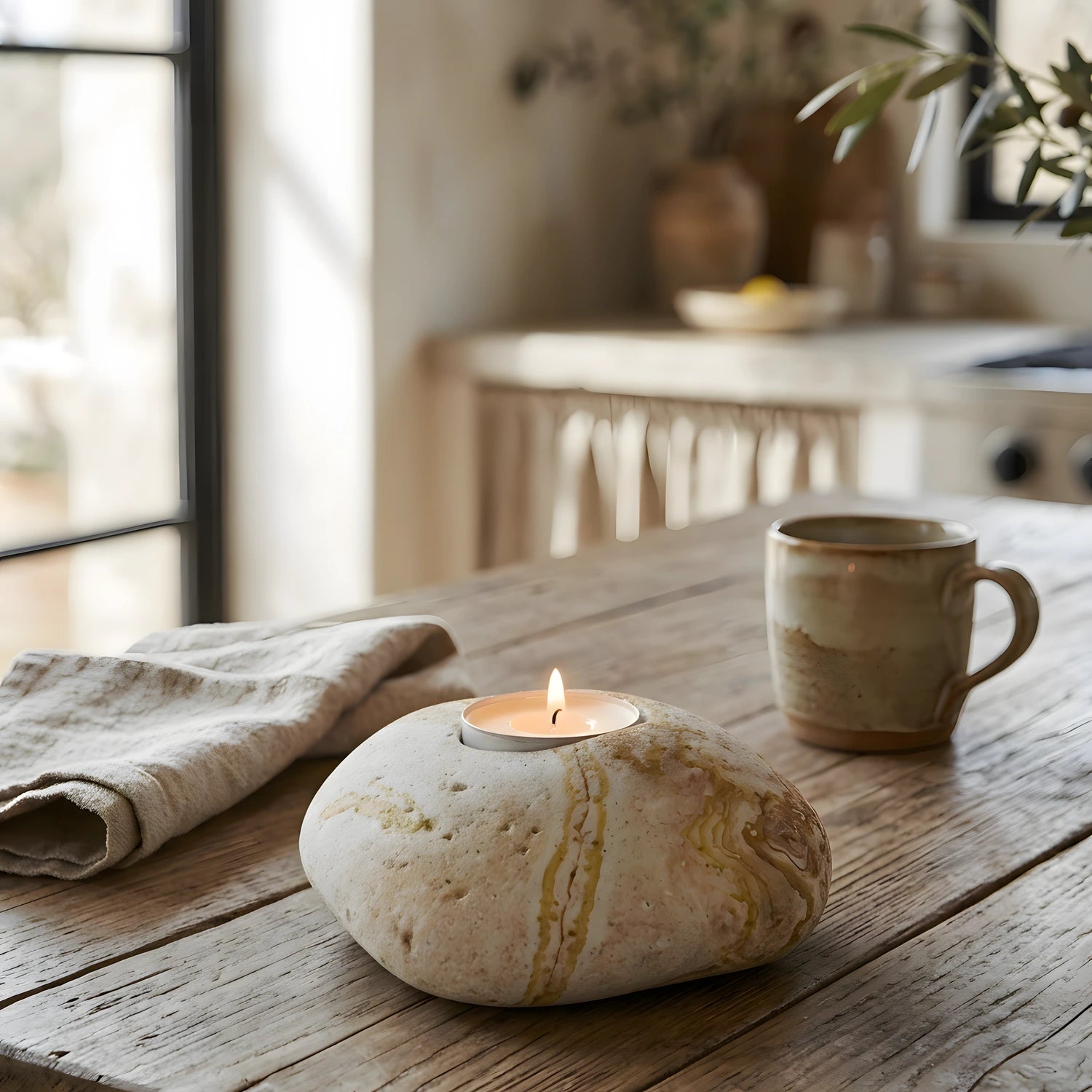 Rustik ahşap masa üzerinde yanan gökkuşağı kumtaşı tealight mumluk ve fincan ile sıcak ev dekorasyonu.