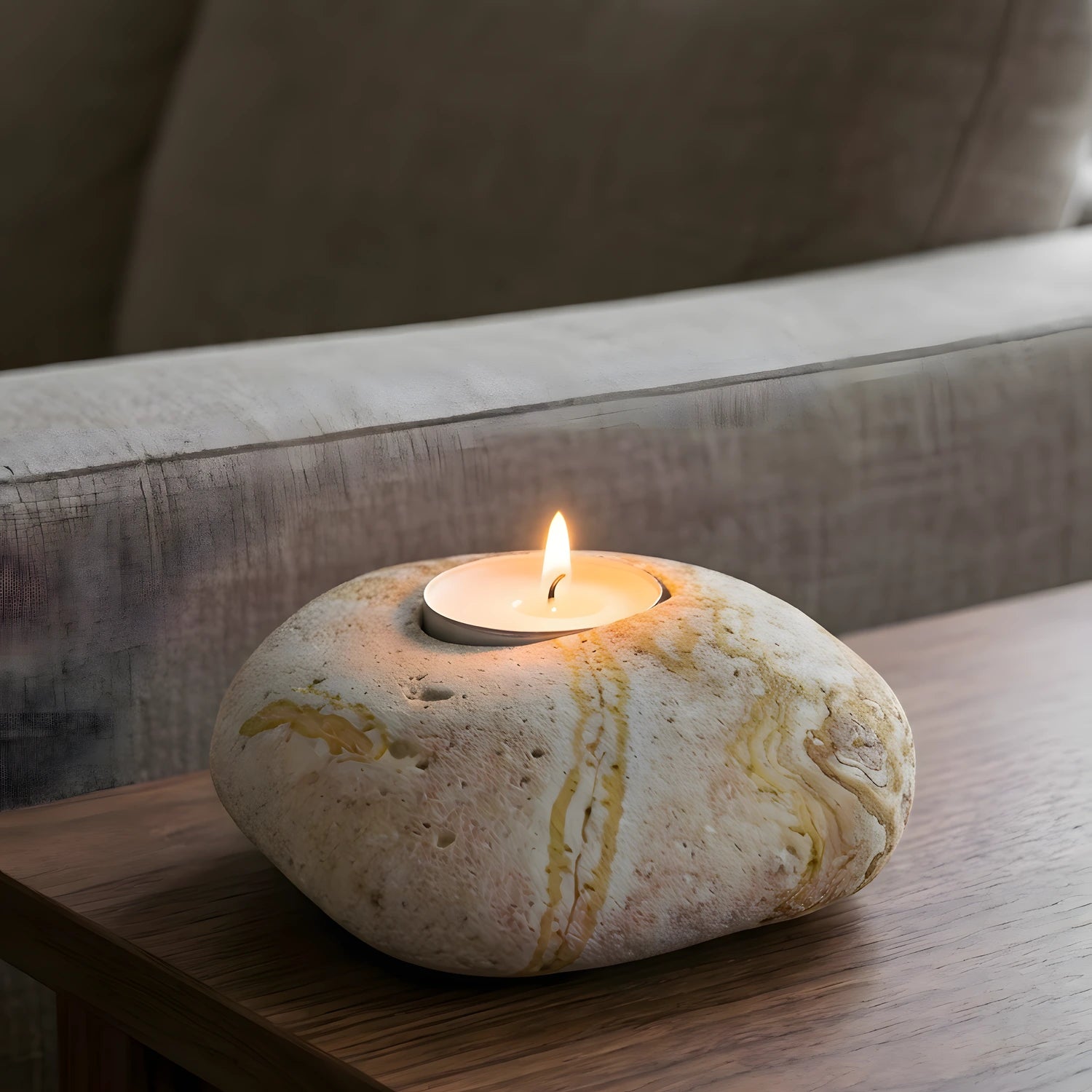 Oturma odasında koltuk yanındaki ahşap sehpada yanan gökkuşağı kumtaşı tealight mumluk ambiyansı.