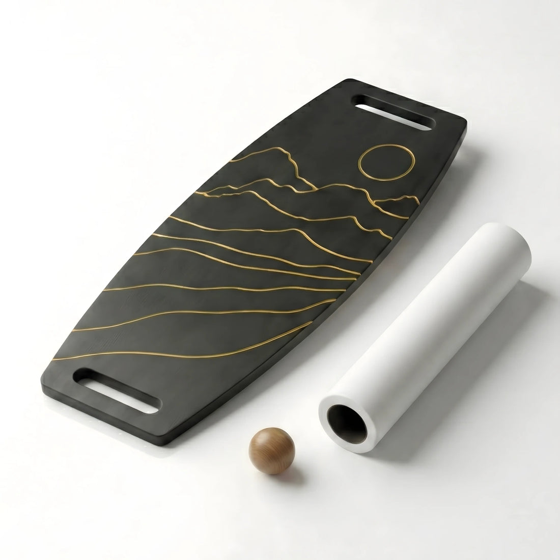 Siyah zemin üzerine altın sarısı dağ ve güneş desenli modern denge tahtası, beyaz silindir ve denge topu tam seti.