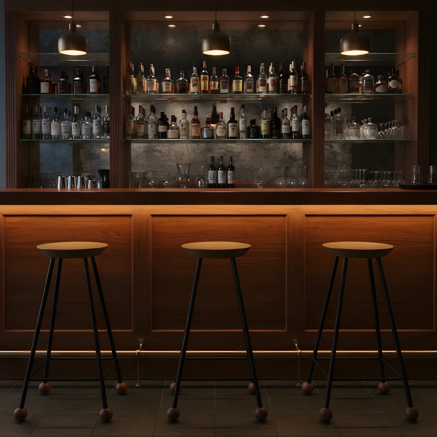 Siyah bar taburesi 65 cm restoran ve bistro tezgahında çoklu dizilim sahnesi


