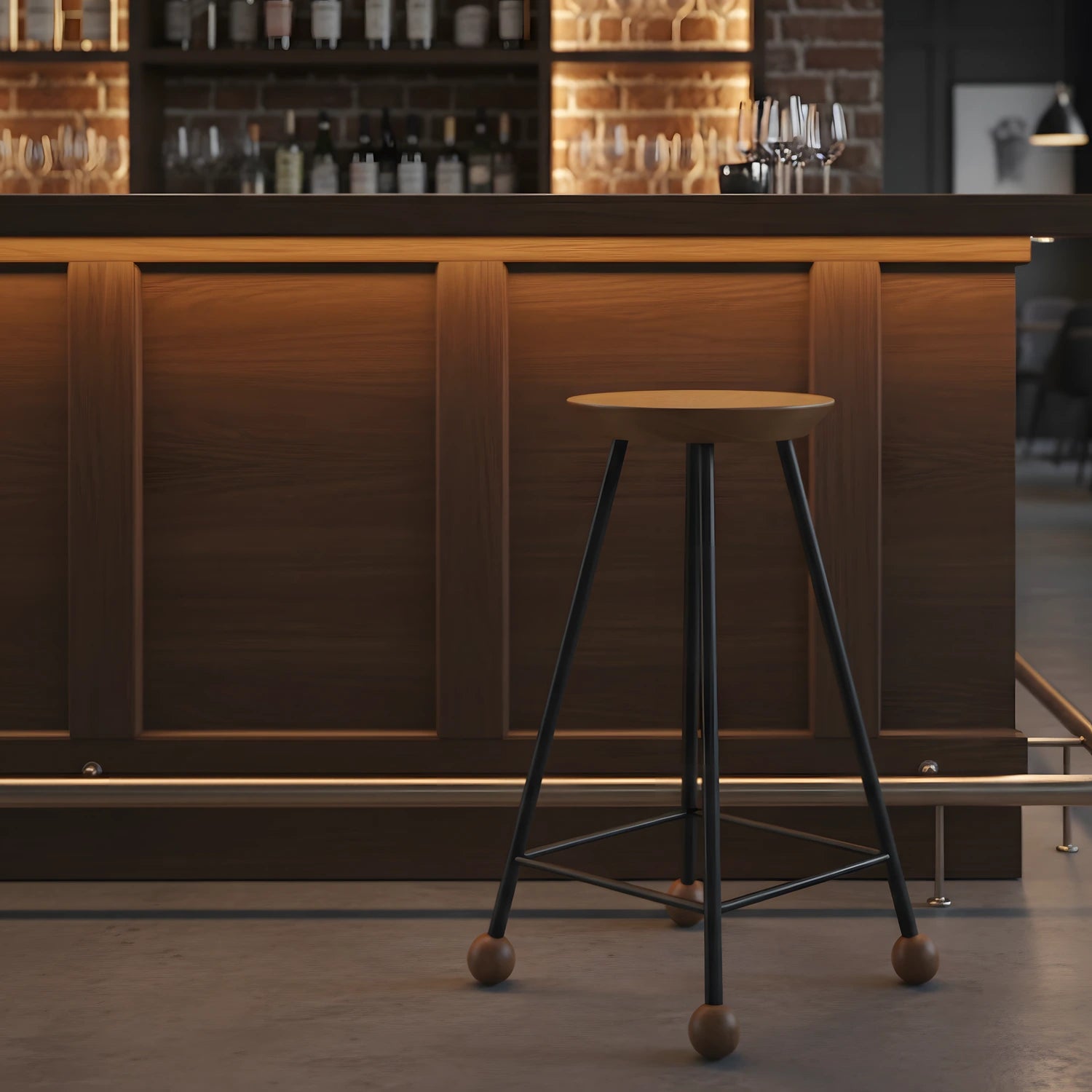 Siyah mutfak taburesi 65 cm modern bar iç mekanında köknar oturak detay