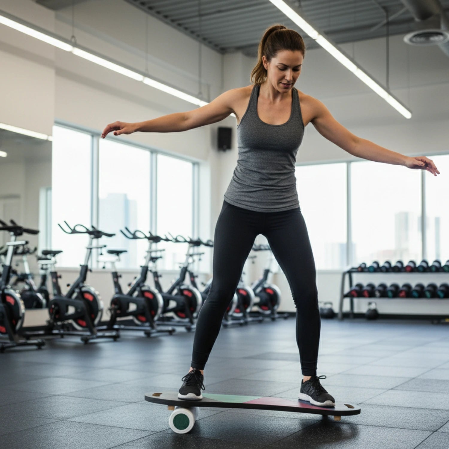 Spor salonunda denge tahtası üzerinde core bölgesi çalışan kadın sporcu