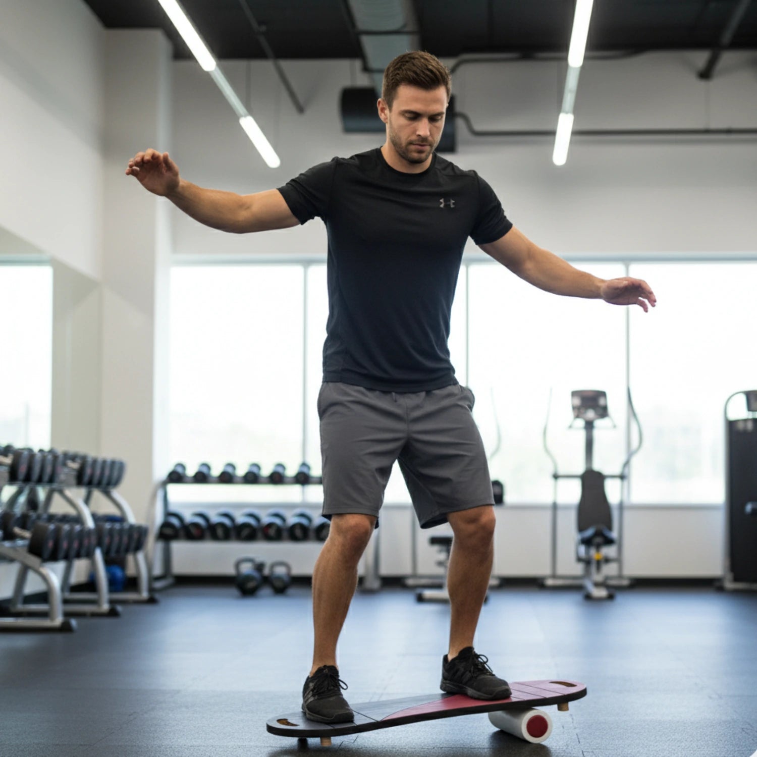 Spor salonunda ahşap denge tahtası üzerinde durarak core bölgesi egzersizi ve denge antrenmanı yapan erkek sporcu.