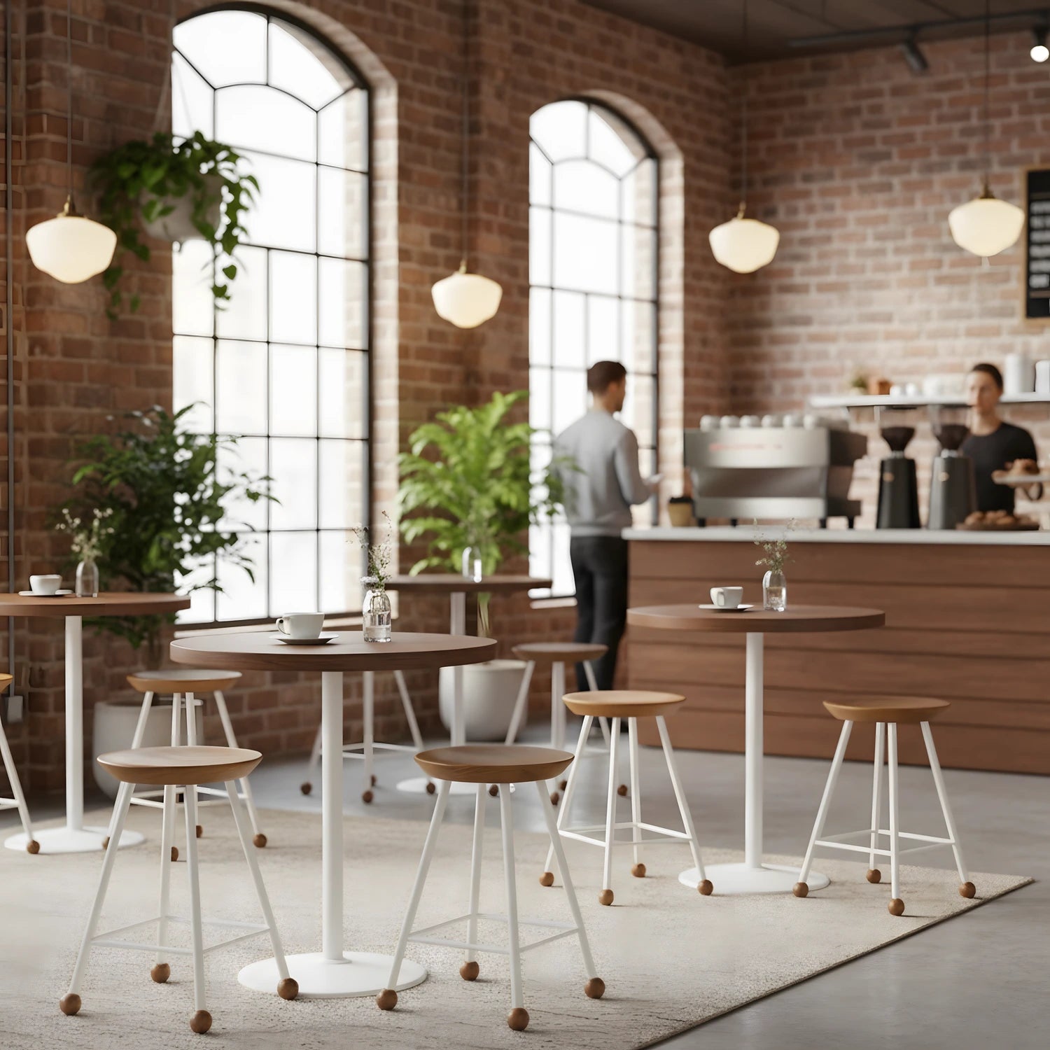 Kavisli köknar ahşap tabure 47cm restoran ve kafe ortamı lifestyle – beyaz metal ayaklı