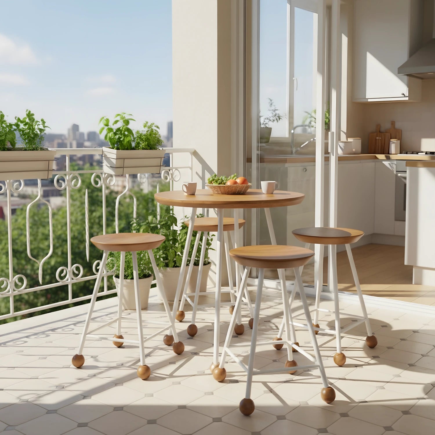 Beyaz ahşap tabure 55cm balkon ve teras dekorasyonunda kullanım – açık alan salon aksanı